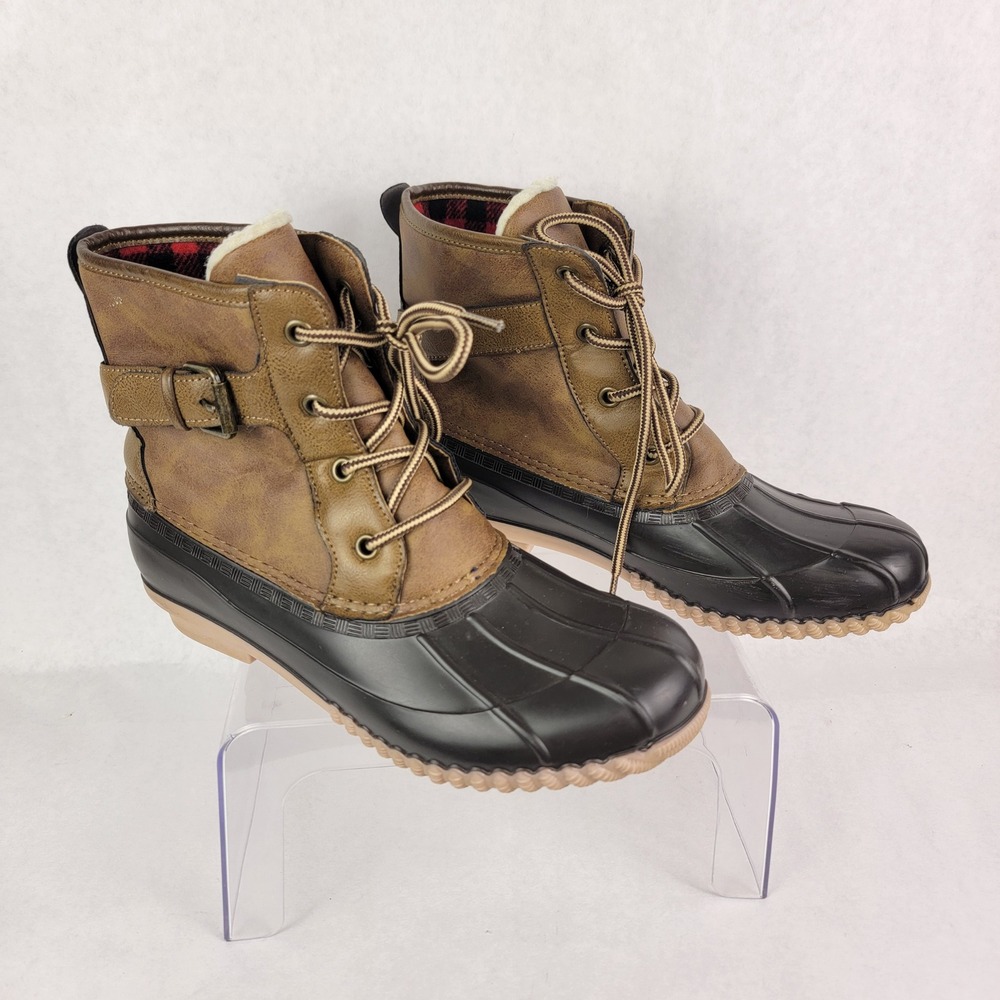 Madden Girl Rain Duck Boots Flannel‎ Lined Waterproof Womens 8 Brown Casual Cute